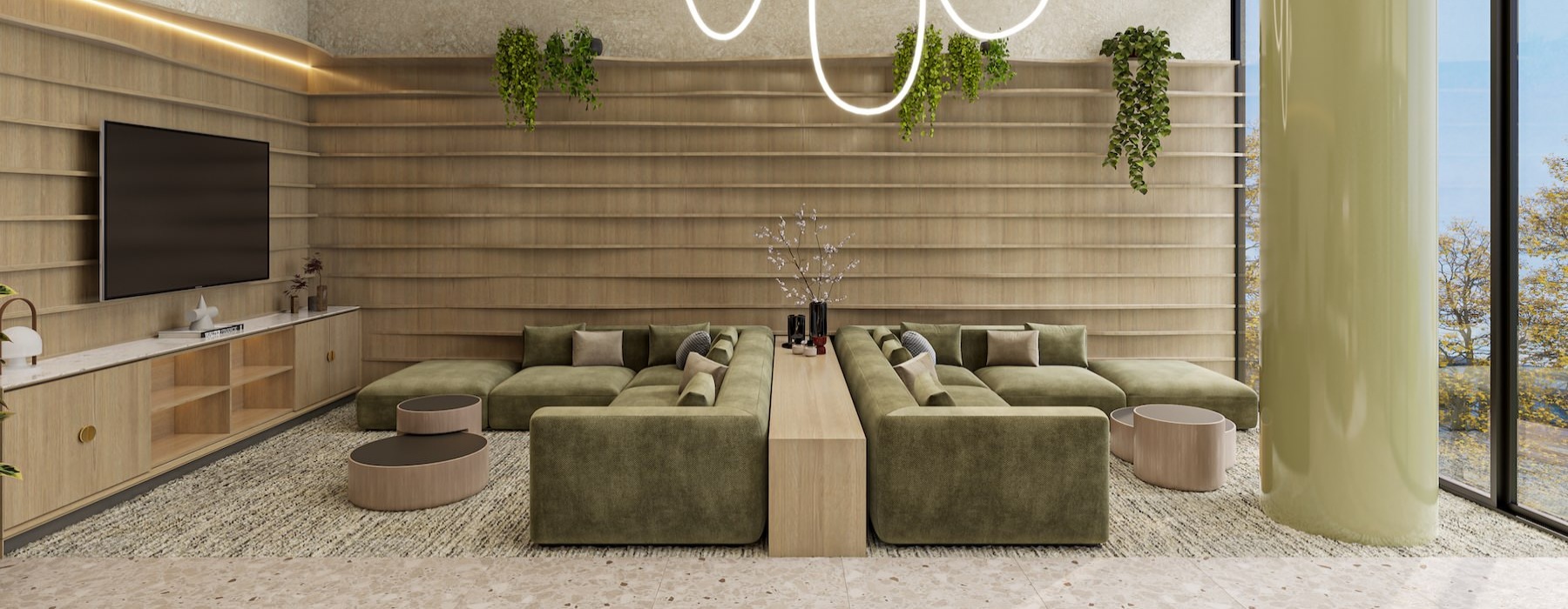a lounge with couches and a tv