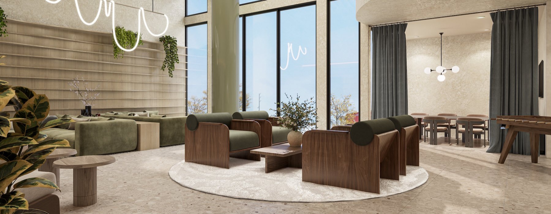 a clubroom with tables, chairs and couches