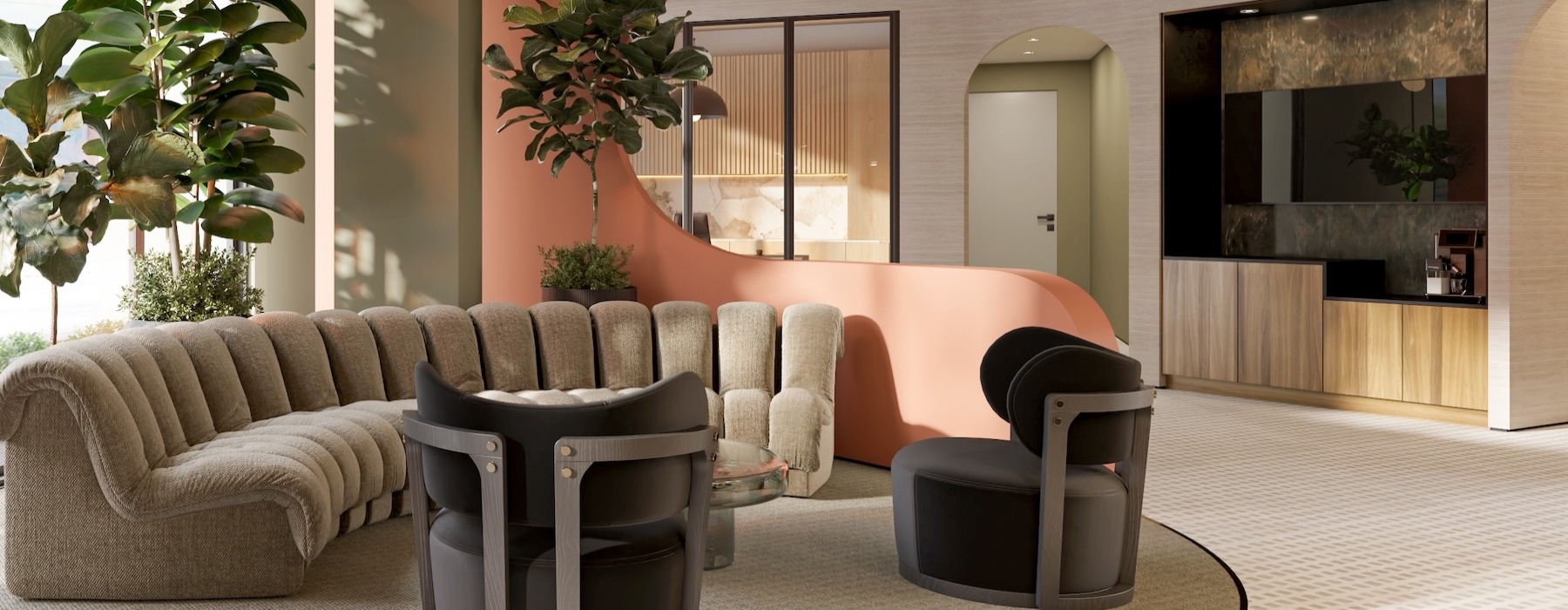 a clubroom with a couch and chairs