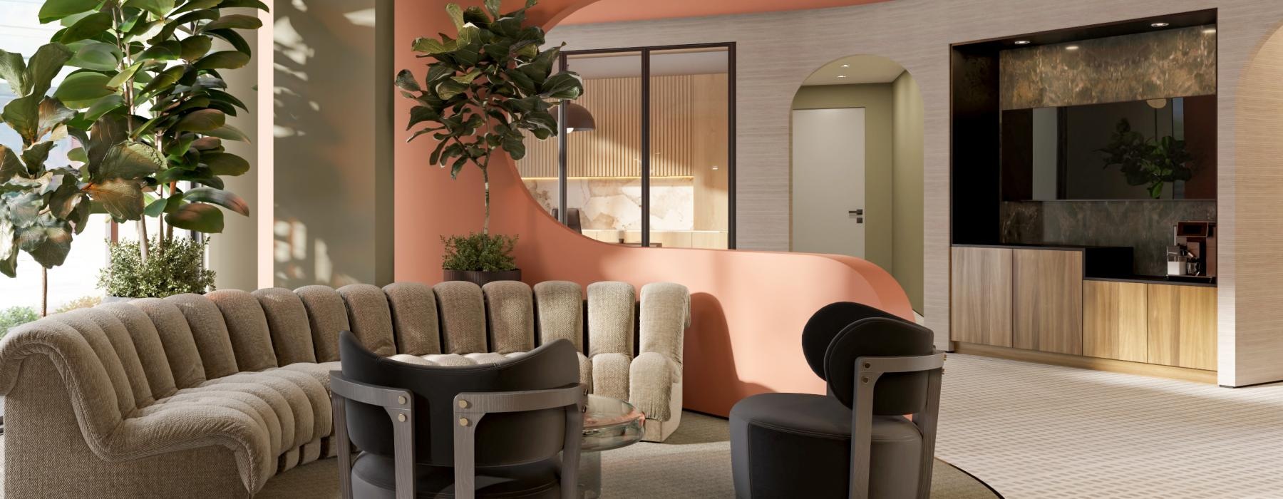 a lounge with a couch and chairs