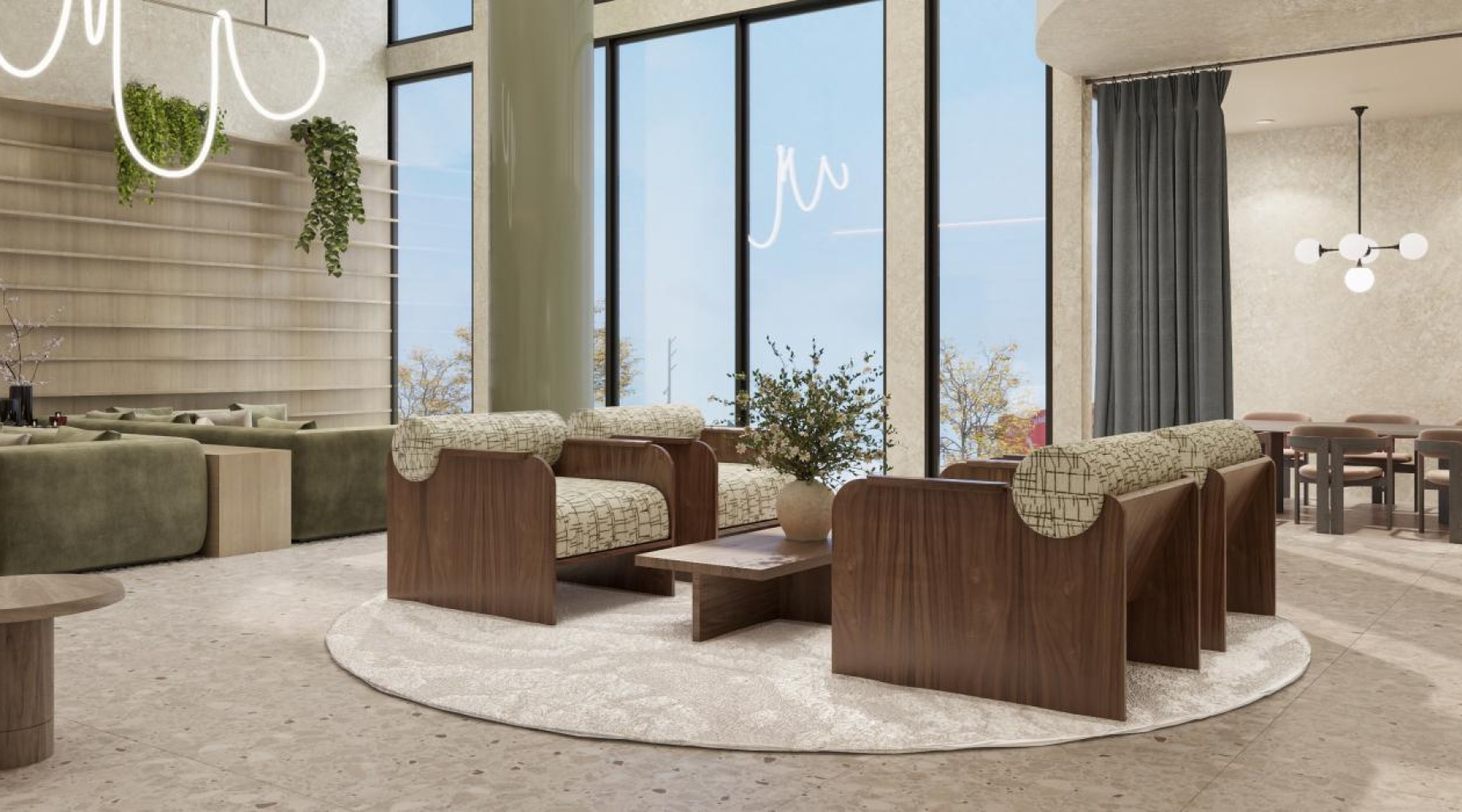 a clubroom with chairs, couches and tables