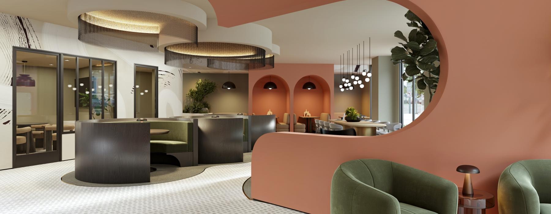a lounge with booths and chairs