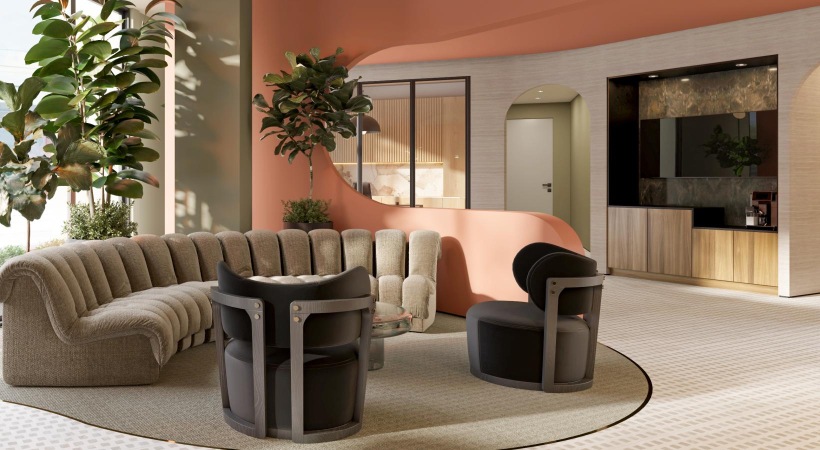 a clubroom with a couch and chairs