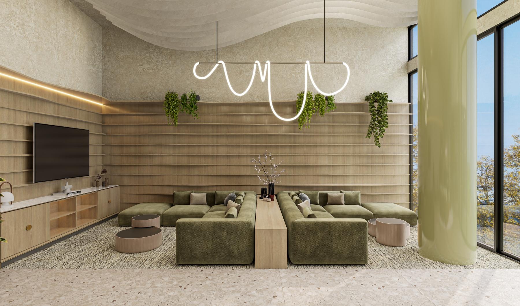 a lounge with a tv and couches