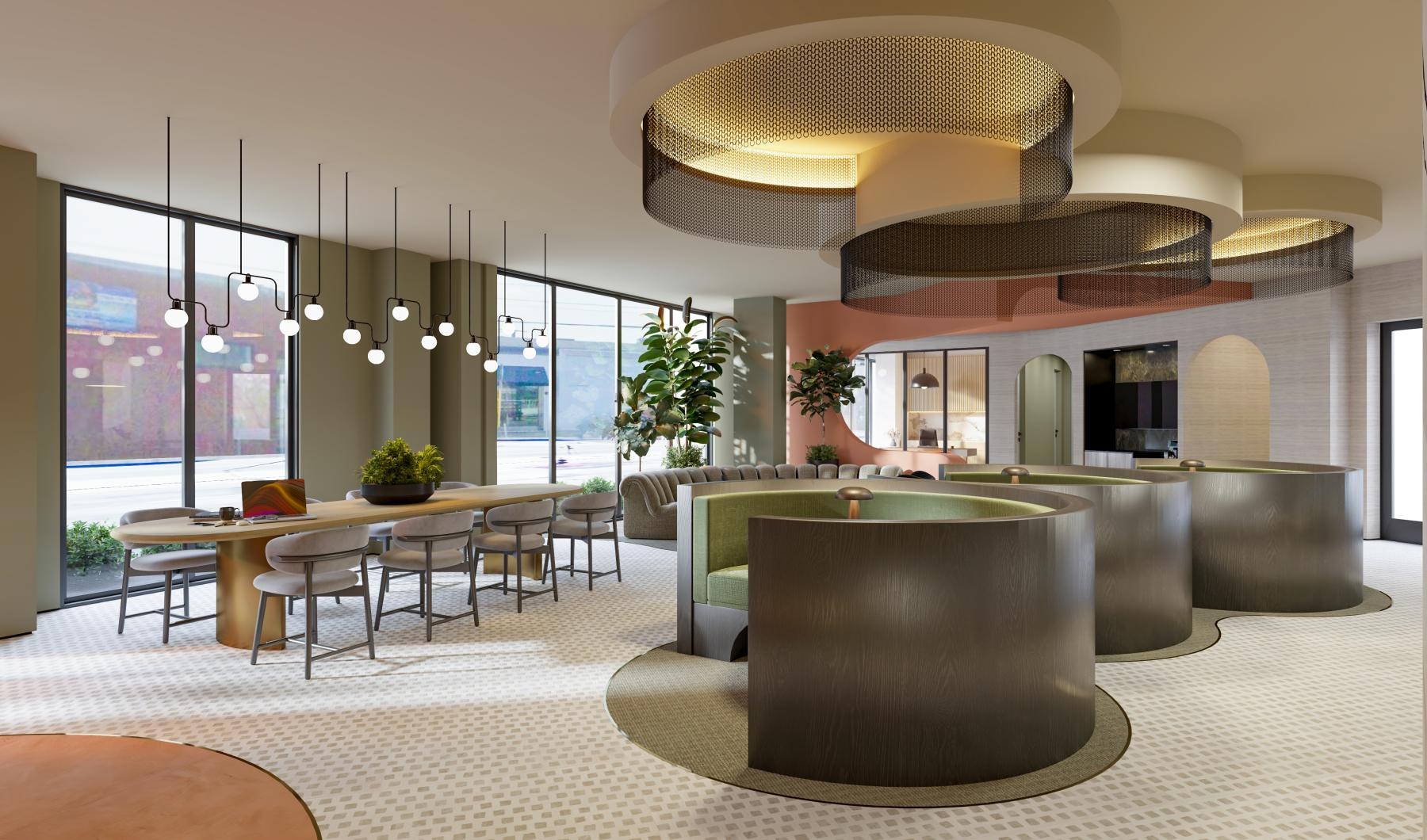 a lounge with tables, chairs and booths