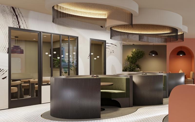 a room with large booths and tables