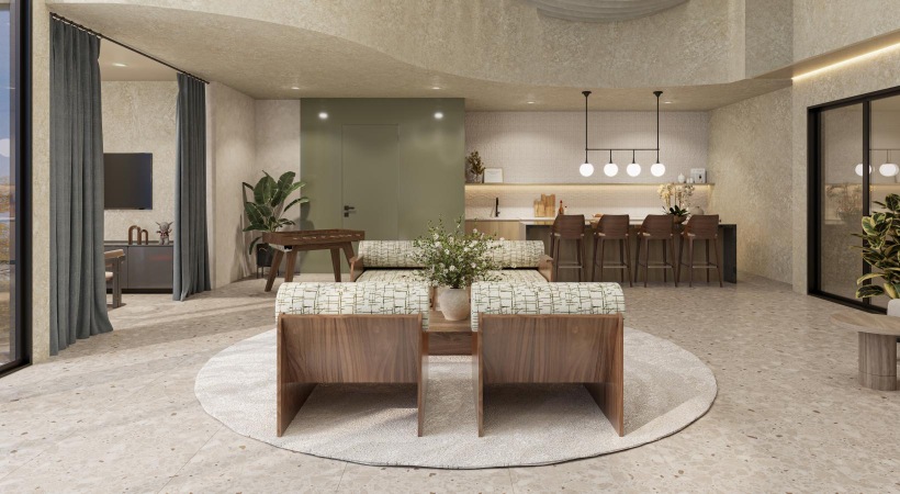 a clubroom with chairs and tables
