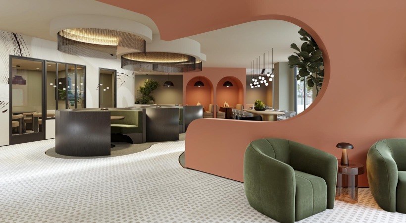 a room with large booths, chairs and tables